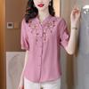 Camiseta de manga corta de algodón y lino con temperamento para mujer, verano 2024, nueva camisa bordada de estilo étnico retro artístico, ropa holgada para mujer