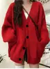 Casaco Cardigan de Tricô Solto com Decote V Feminino Primavera Outono Novo Estilo Preguiçoso Cor Sólida Comprimento Médio Transfronteiriço Roupa Feminina