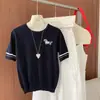 Tricô novo feminino para primavera e verão, manga curta, algodão puro, gola redonda, estilo universitário, nova estampa de animal, camiseta de manga curta