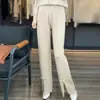 Pantalones de Pierna Ancha de Punto de Lana Divididos para Mujer Cintura Alta Cinturón de Drapeado Color de Contraste Casual Rectos Pantalones de Piso Otoño e Invierno Pantalones