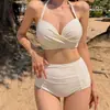 Bikini Coreano de Tres Piezas para Mujer, Sexy Traje de Baño de Cintura Alta de Color Sólido Push-Up con Acolchado Grueso
