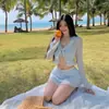 Biquíni Sexy Puro Desejo Conjunto de Três Peças Cardigã de Renda Maiô Dividido Manga Longa Moda Roupa de Banho para Fonte Termal Feminino