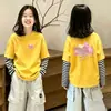 Camiseta de Manga Larga con Retazos de Algodón Puro, Moda para Niñas Estilo Nuevo de Primavera y Otoño, Versión Coreana, Camiseta Base Dos en Uno para Niños Mayores