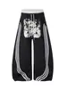 Calça de moletom esportiva retro americana de cintura dupla com graffiti de letras e barra curva para homens e mulheres, calça longa versátil de perna larga solta com cintura elástica
