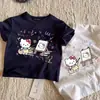 Camiseta de Algodão Puro de Manga Curta com Desenho Kt Cat para Meninas, Blusa Meia-Manga Fashionável Estilo Verão para Bebês Meninas, Roupas Infantis para o Verão t