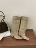 Botas de Caballero para Mujer 2025 Modelo Nuevo, Botas Largas de Puntera Puntiaguda Color Marrón Maillard, Tacón Grueso, Botas Tipo Legging de Gamuza Vintage de Caña Alta