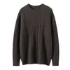 Suéter pullover de tricô de cabos em cashmere e lã, cor sólida, com gola redonda, grosso e adequado para sobreposição