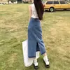 Saia jeans de comprimento médio de cintura alta com fenda, feminina 2026 nova primavera/verão solta em linha A corte reto bodycon