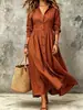 Vestido Camisa Vintage para Mujer Talla Grande con Mangas Largas, Cuello de Solapa, Cintura Abotonada, Dobladillo Amplio Fruncido, Corte Holgado Estilo Vacaciones