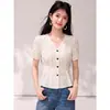 Sí, blusa de gasa de manga corta estilo francés para mujer, top de verano ajustado a la cintura, adelgazante, con mangas abullonadas