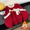 Suéter Rojo de Invierno para Niñas, Año Nuevo, Navidad, con Lazo, para Niños Mayores, Estilo Perezoso de Nicho, Tendencia en Tejidos de Punto de Alta Gama