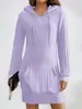 Tume Cruzada Europeia e Americana Comércio Exterior Outono e Inverno 2025 Novo Suéter de Tricô com Capuz Bolso Canelado Manga Longa Vestido Roupas Femininas