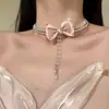 Colar Coreano de Temperamento Doce com Laço, Pingente de Gota d'Água e Franja, Colar de Laço Pequeno Exquisito e Perfumado, Colar Dourado