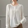 Novidade Primavera e Verão Malha Feminina Tencel Linho Meio Aberto Gola Redonda Cor Sólida Barra Rebatida Design Redutor de Idade Camada Interna Camada Base