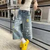 Pantalones Vaqueros Cortos de Verano Finos Estilo Retro Americano Pintados a Mano con Graffiti para Mujer Sueltos Adelgazantes Cubren Imperfecciones Talla Grande Pierna Ancha de Longitud Media