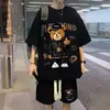 Talla Grande Verano Waffled Manga Corta Traje Hombres Adolescente Camiseta Shorts Estudiante Deportes Cuello Redondo Ropa Holgada