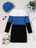 Vestido de punto largo de manga larga para niña, con bloques de color de otoño e invierno, elegante, sencillo y ajustado, con sombrero