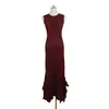Vestido sin mangas de punto calado en relieve para mujer, cuello redondo, botones forrados de tela, corte ajustado, vestido largo con dobladillo irregular, falda de sirena