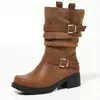 Stock de Fábrica Botas Slouch de Punta Redonda sin Cierre para Mujer Botas Slouch de Doble Hebilla de Cuero Tacón Grueso Botas Vaqueras Patchwork Botas de Invierno para Mujer