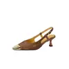 Tacones altos de punta cuadrada con puntera de hierro, tacón de aguja, sandalias de moda para mujer, estilo chino nuevo, estilo nacional, con temperamento, de una sola tira, con puntera cubierta, zapatos de una sola capa con talón descubierto