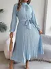 Amazon Transfronterizo Primavera y Otoño Nueva Ropa de Mujer Color Sólido Cuello Alto Manga Larga Cintura Plisada Ceñidor Elegante Vestido