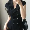 Estilo Chic Coreano 2026 Verano Nueva Versión Coreana Camisa Polo de Manga Corta con Doble Botonadura Top para Mujer