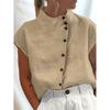 Camisa informal holgada con botones y cuello alto de algodón y lino para mujer, nueva estación independiente de Amazon, comercio exterior transfronterizo, verano 2025