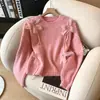 Suéter largo de punto para mujer, estilo francés con cuentas florales moradas, modelo nuevo otoño/invierno 2026, talla grande, top de punto muy elegante