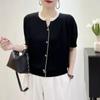 Camiseta de rayas de talla grande para verano, cárdigan moderno con cuello en V, tejido de punto fino en contraste de color, top holgado informal de manga corta