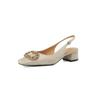 Guofeng Atende Moda Novo Strass Chinês Fivela Redonda Couro De Seda 2024 Salto Médio Grosso Sandálias De Couro Genuíno