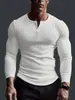 Camiseta de manga larga para hombre, fitness, alta elasticidad, camiseta interior, cuello en V de tres botones, lisa, casual
