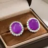 Aretes de Tachuela Ovalados Violetas Tipo Hielo de Estilo Nacional para Mujer, Diseño Vintage de Racimo de Diamantes Redondos, Pendientes de Lujo para Banquete