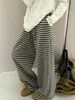 Pantalones Casuales de Pierna Ancha Rayados Estilo Coreano Estilo Perezoso con Cordón Cintura Elástica Nuevo para Principios de Primavera Todo Fósforo Arrastre Pantalones de Verano para Mujer