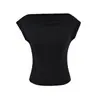 Camiseta feminina estilo americano picante, gola canoa, justa ao corpo, manga curta, novo estilo verão 2026, acinturada, modeladora, cor sólida, top justo