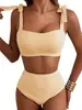 Nuevo conjunto de bikini de dos piezas con lazada para mujer, estilo europeo y americano transfronterizo 2026, traje de baño a rayas de cintura alta, conjunto de dos piezas para mujer