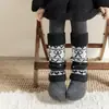 Zapatos y calcetines, calcetines de algodón para niños, color marrón Maillard, cálidos, gruesos, con un lazo, estilo retro, para otoño e invierno, calcetines altos para pantorrilla engrosados