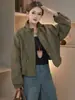 Chaqueta corta informal con cordón y cuello alto para mujer, versión coreana, tacto de alta gama, corte holgado, versátil, adecuada para personas menudas, chaqueta con cremallera