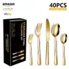 Fornecimento transfronteiriço conjunto de faca, garfo e colher para comida ocidental de aço inoxidável conjunto de 40 peças Amazon 1010 talheres banhado a ouro conjunto em caixa de presente