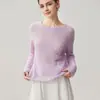 Novo Suéter de Malha Fina com Lantejoulas e Cashmere Outono/Inverno Gola Redonda Manga Longa Feminino Crochê Vazado Solto Camisa Base Top