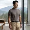 Camiseta Clássica Masculina Casual Solta de Tricô 100% Caxemira Pura Fina de Malha 18 Gauge, Gola Redonda, Manga Curta, Cor Sólida
