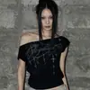 Top de verano transfronterizo estilo INS, inspirado en los millennials, de hombros descubiertos, manga corta, gótico y con un diseño único, con estampado y dobladillo elástico, perfecto para un look moderno y atrevido