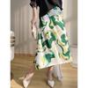 Saia Floral Midi Nova de Cintura Elástica Franzida em Ácido Acético com Estampa de Pintura a Óleo Romântica Francesa Saia Meia A-line