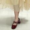 Zapatos de tacón alto gruesos de boca poco profunda estilo francés para mujer, Zapatos pequeños de cuero estilo callejero vintage para Primavera y Otoño 2026, Sandalias de cuero brillante con lazo de punta cuadrada