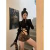 Otoño 2024 Chica Caliente Sexy Hueco Cuello Alto Manga Larga Camiseta Ajustada Único Moda Top Estilo Ins Mujer