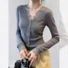 Cardigan de Tricô Cinza com Renda e Decote V de Manga Longa para Mulheres, Estilo de Luxo Leve para o Início da Primavera, Top para Usar por Baixo