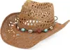 Sombrero de Paja Hueco Estilo Bohemio Transfronterizo con Cuentas de Ámbar Turquesa y Decoración de Conchas, Sombrero Transpirable para el Sol al Aire Libre de Verano