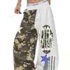 Calça Wide Leg Patchwork Estampa Camuflada Retrô Americana Feminina Verão Solta Casual Nicho Senso de Design Dança de Rua Calça Longa