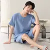Conjunto de verano de algodón puro de gasa de doble capa para hombre, dropshipping de una pieza, pantalones cortos de manga corta, ropa de casa juvenil de talla grande