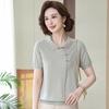 Camiseta de seda helada de verano de mediana edad, estilo occidental, holgada, suéter de solapa de manga corta para madre de cincuenta años