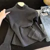 Camisa Gris Base con Cuello Medio Alto Fruncido Estilo Coreano 2026 para Mujer, Suéter Ajustado para Otoño e Invierno